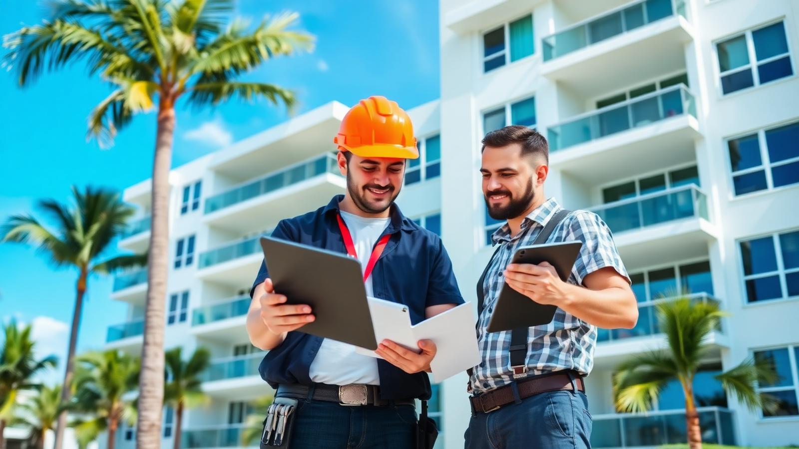 Property manager and maintenance technician reviewing a maintenance checklist outside a modern Miami apartment building
