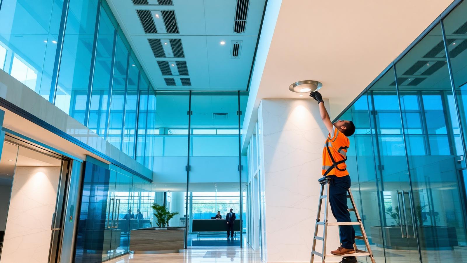 Commercial handyman technician replacing a light fixture in a modern Miami office lobby with glass walls
