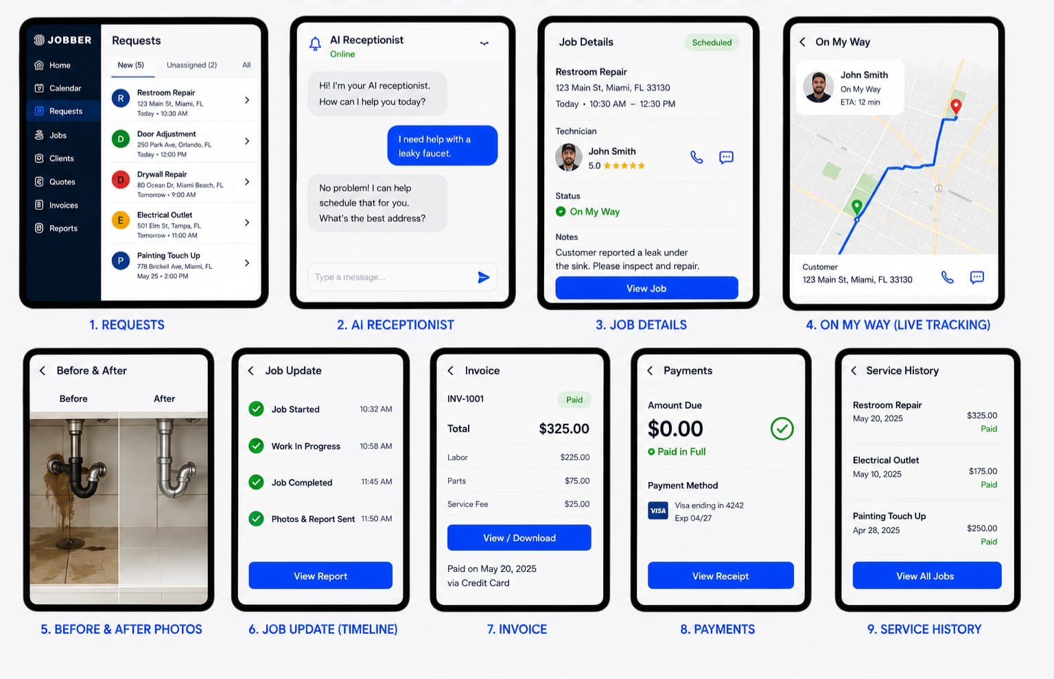 KW Handyman Miami app workflow: requests, AI receptionist, job details, live tracking, before & after photos, job updates, invoice, payments, and service history