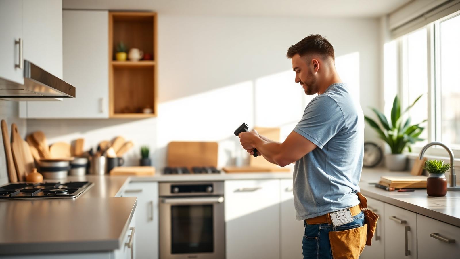 Miami handyman with tool belt performing home maintenance in a bright modern kitchen