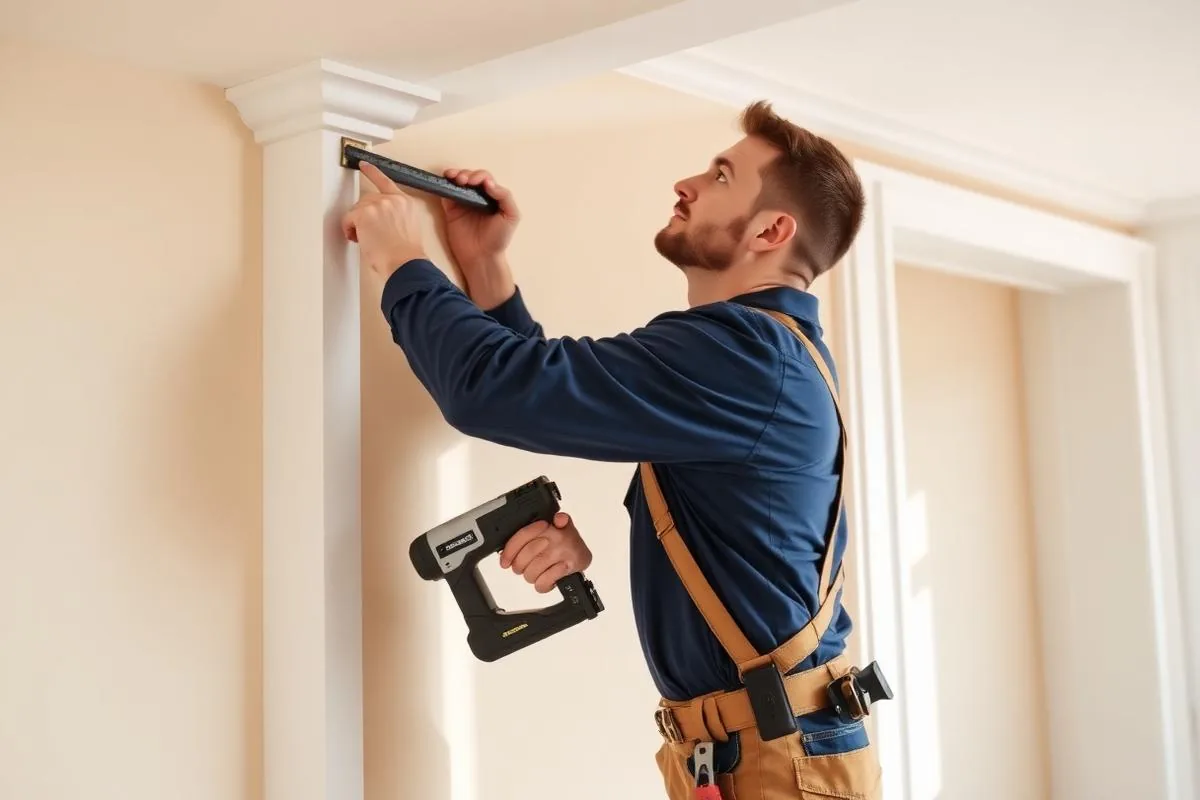 Carpenter installing custom interior trim molding along a wall