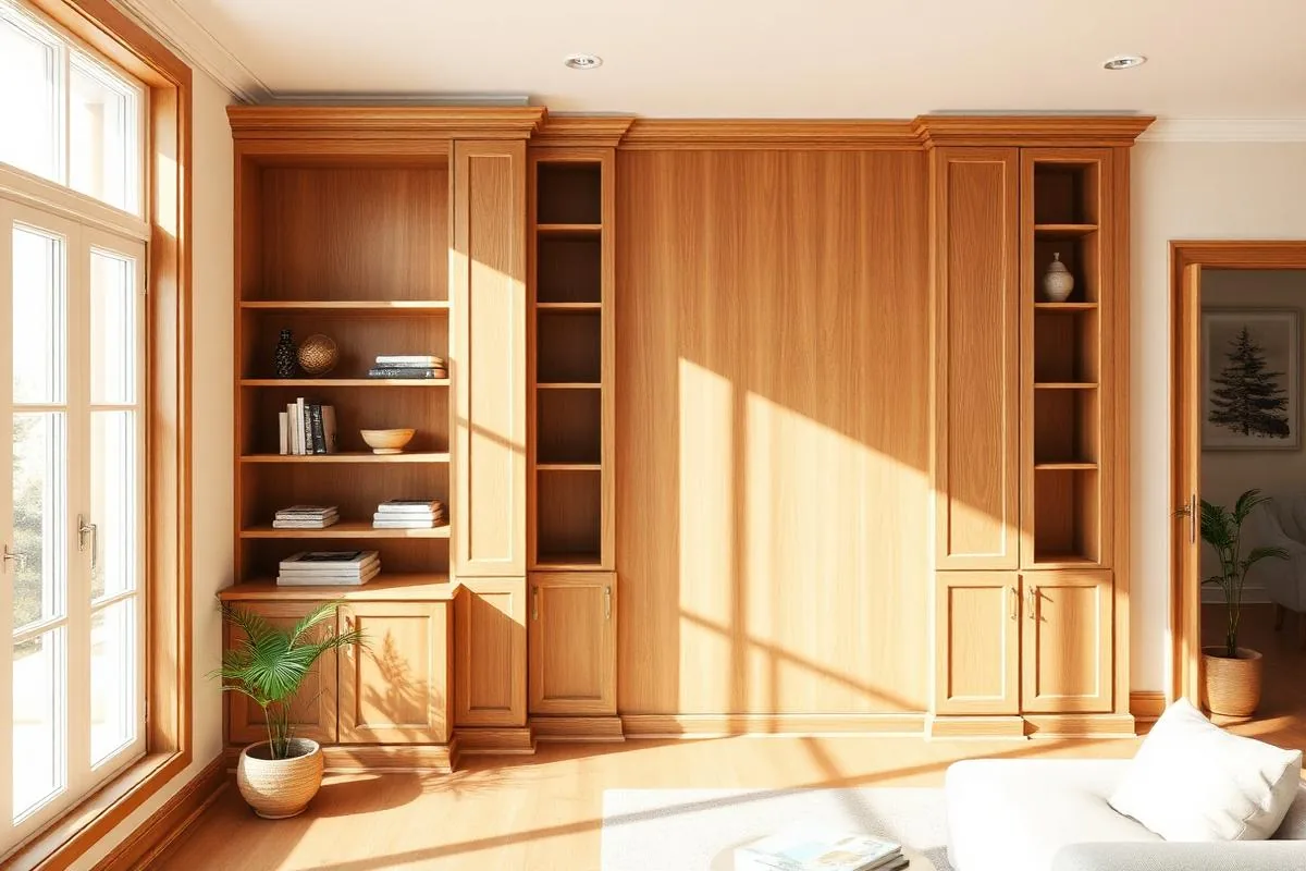 Finished custom built-in wood shelving and cabinetry in a living room