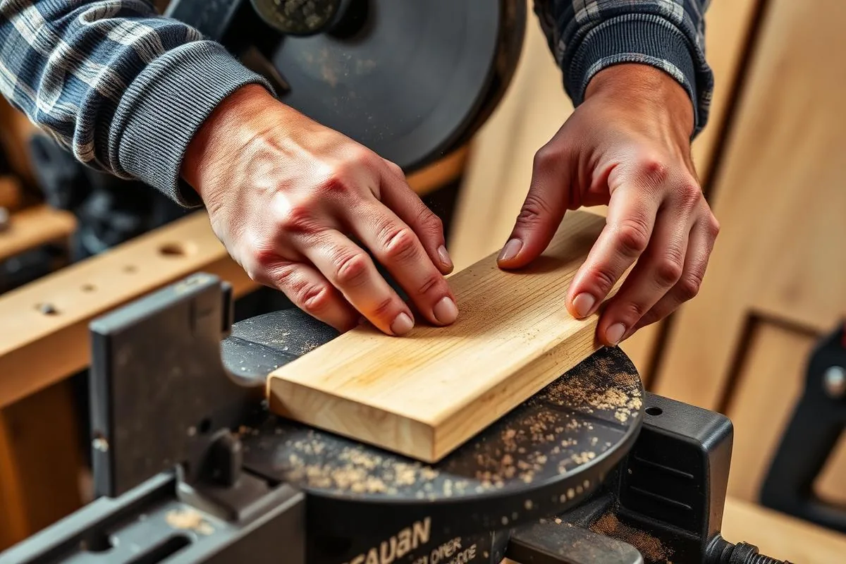 Carpenter cutting a wood board on a miter saw in a workshop