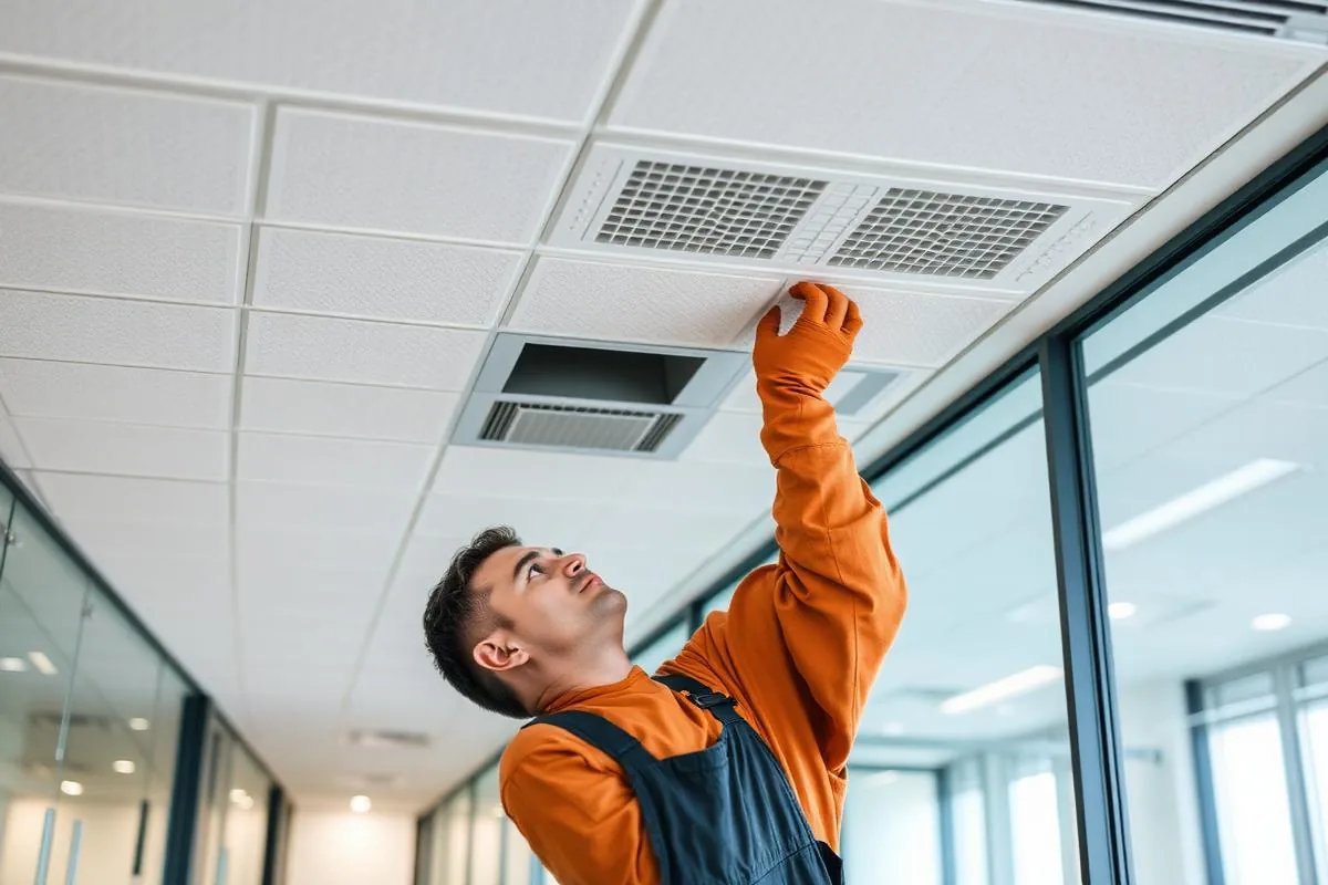 Maintenance technician repairing a suspended ceiling tile in an office
