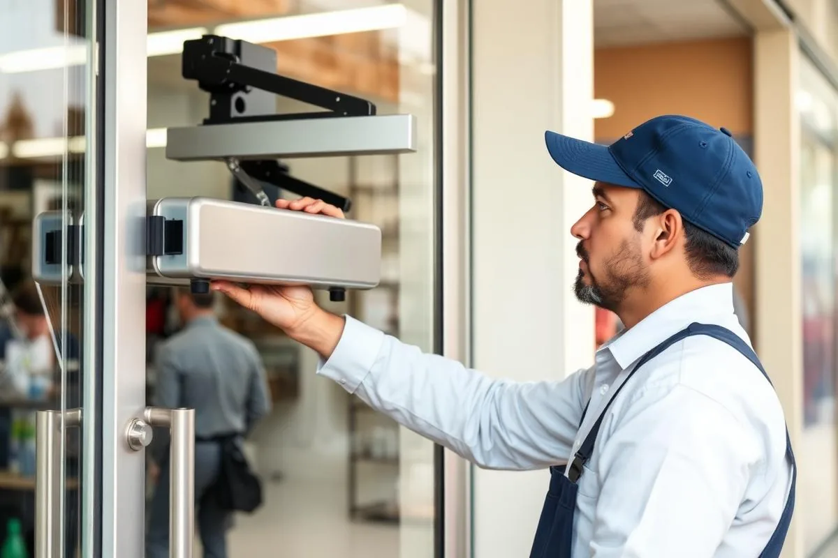 Technician servicing a storefront glass door closer at a retail location