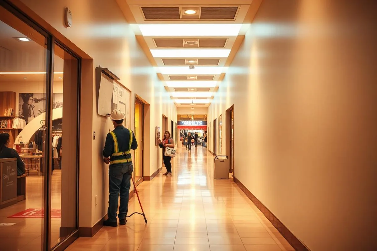 Worker repainting a scuffed corridor wall inside a shopping center
