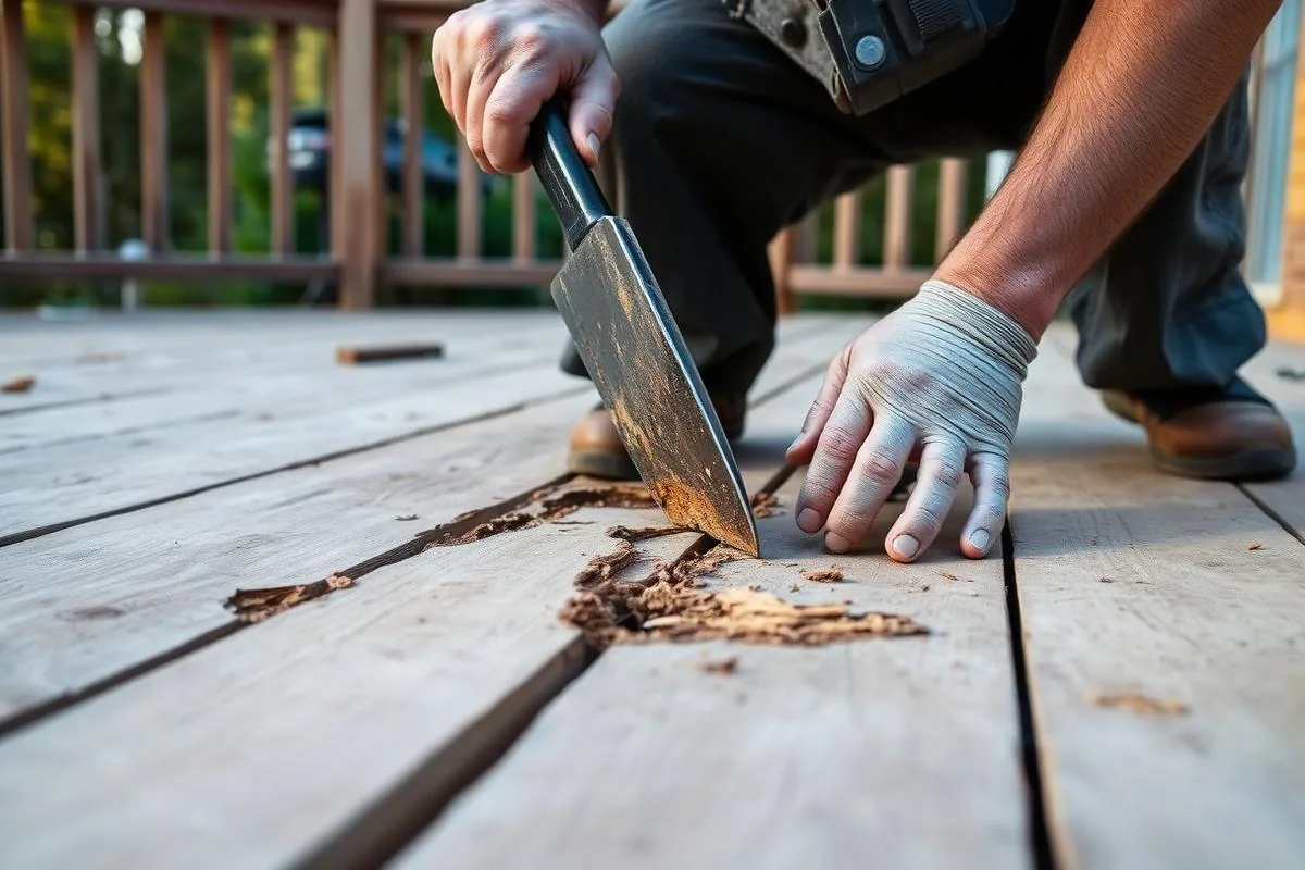 Contractor removing a rotted wooden deck board with a pry bar