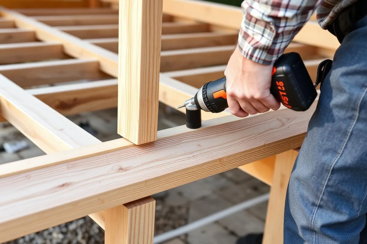 Worker fastening a new pressure-treated deck board to the joists