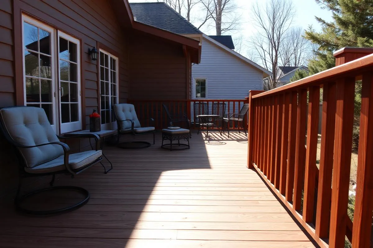 Restored and sealed backyard deck with railing and patio seating