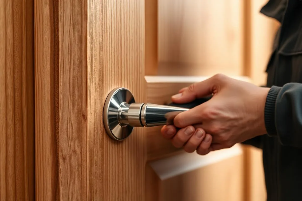Technician installing a new lever handle and lock set on a wood door