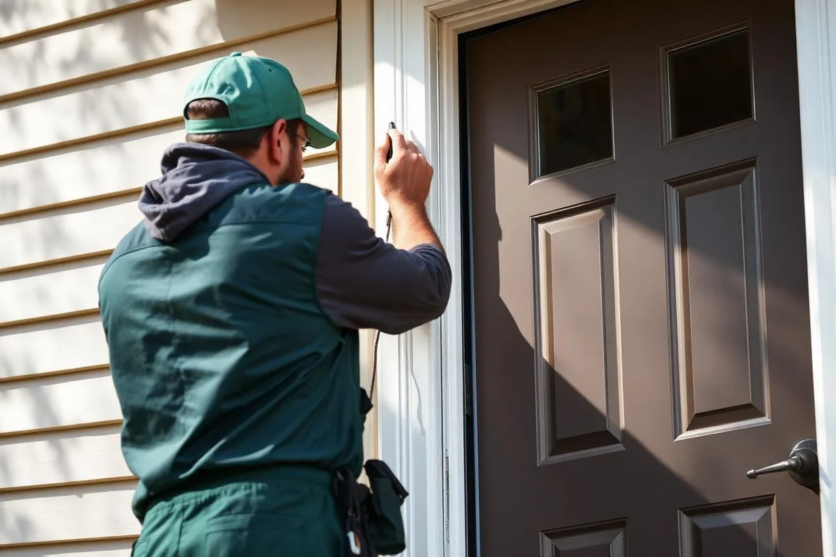 Worker fitting weatherstripping around an exterior entry door frame