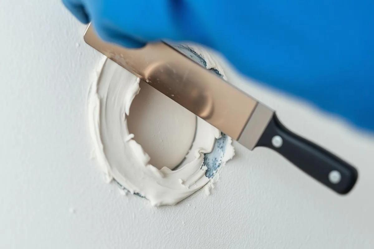Drywall specialist smoothing joint compound over a patched wall hole