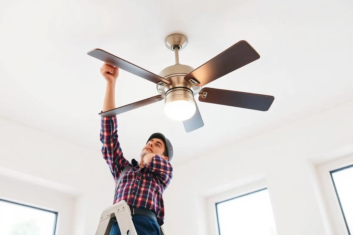 Technician mounting a ceiling fan to a ceiling bracket