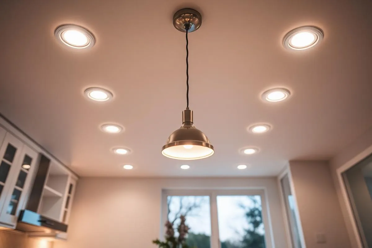 Newly installed recessed and pendant kitchen lighting