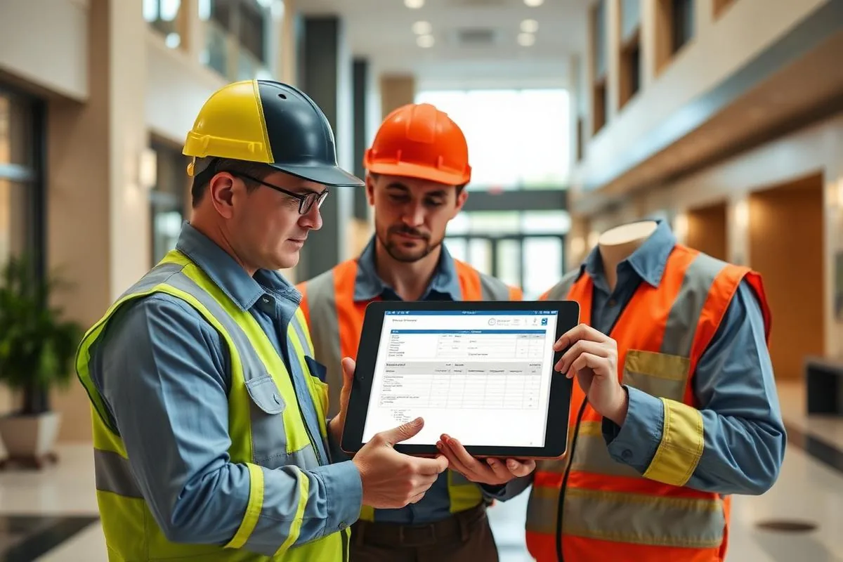 Maintenance team reviewing a work order on a tablet in a building lobby