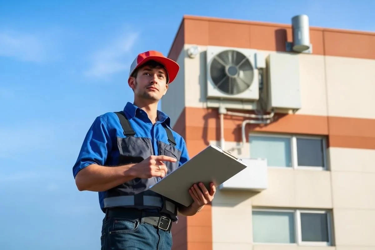Technician inspecting rooftop HVAC equipment on a commercial building