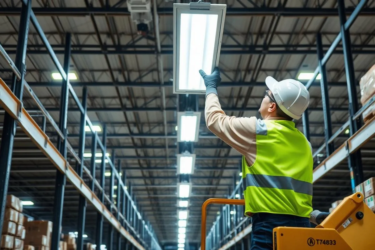 Technician replacing an overhead light panel in a warehouse aisle