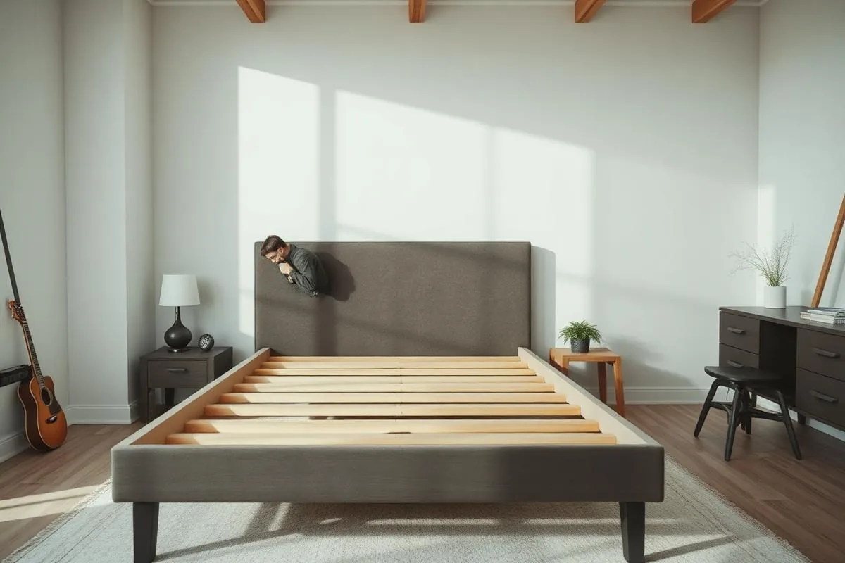 Worker building a modern bed frame in a bedroom