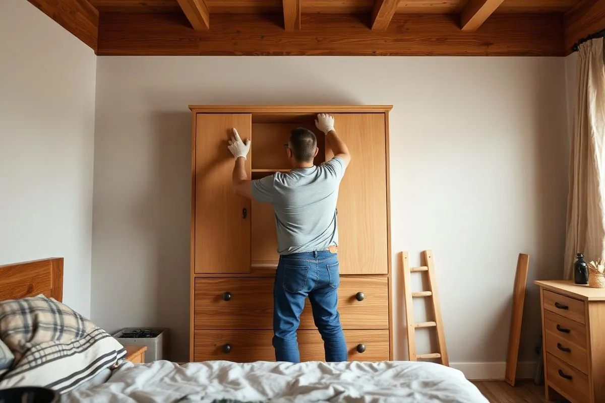 Handyman anchoring an assembled dresser to the wall for tip-over safety