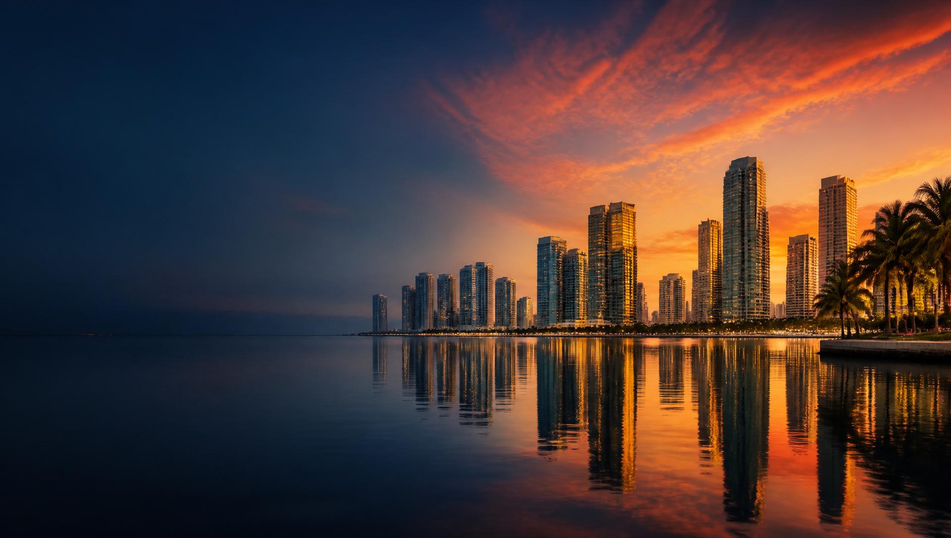 Modern Miami skyline at golden-hour sunset over Biscayne Bay — KW Handyman Miami service area