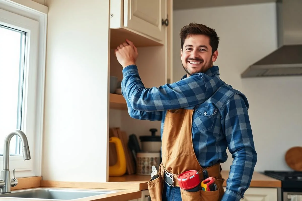 Handyman with a tool belt repairing a kitchen cabinet door
