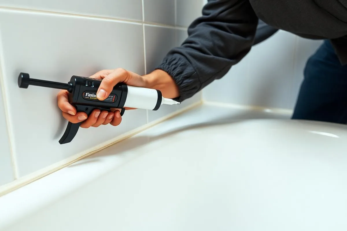 Handyman applying fresh caulk along a bathtub edge
