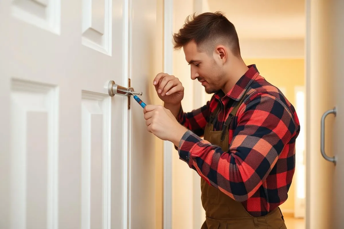 Handyman adjusting a sticking interior door with a screwdriver