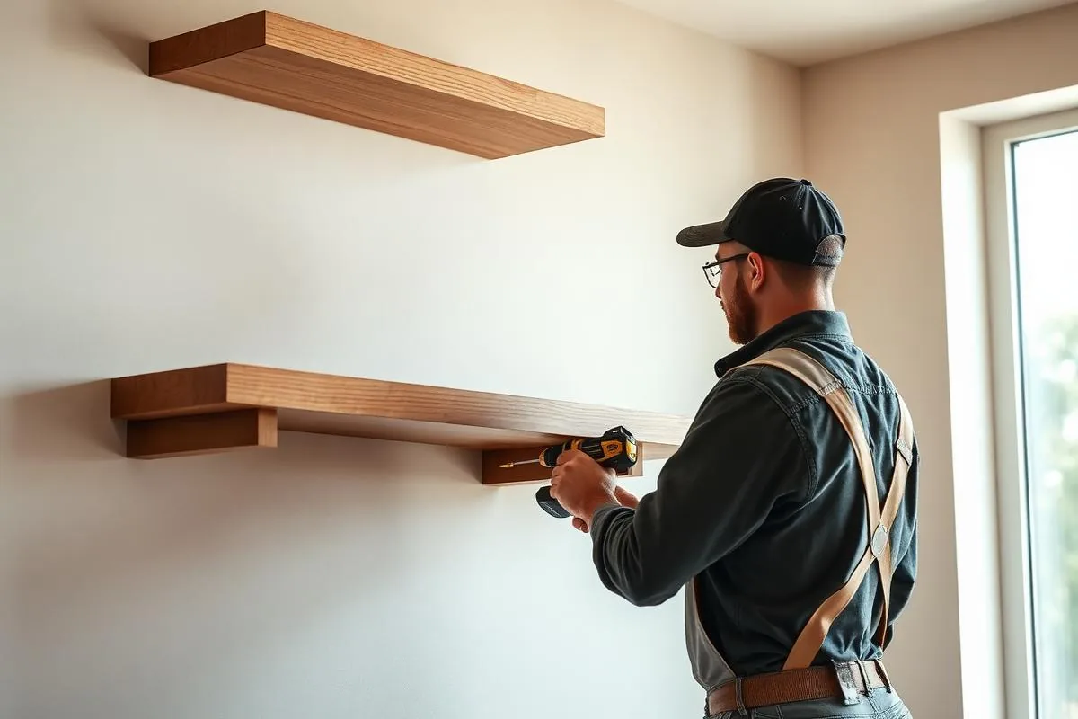Installer leveling floating wood shelves on a wall