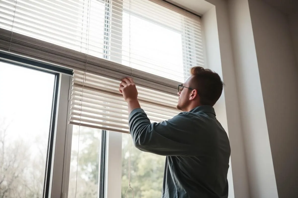Technician fitting new window blinds above a large window
