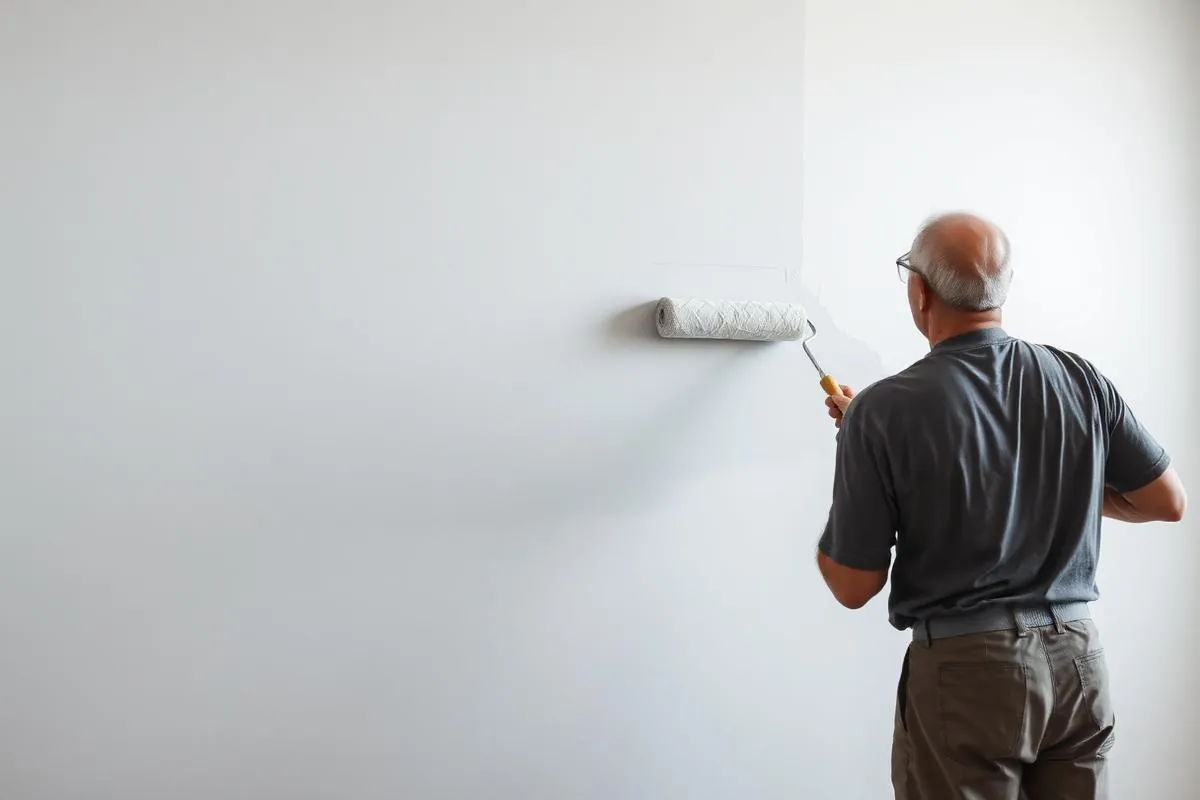 Painter rolling fresh paint onto an interior wall with drop cloths in place