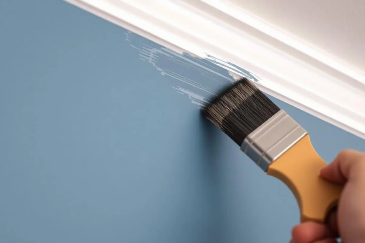 Painter cutting a crisp paint line along ceiling trim with an angled brush