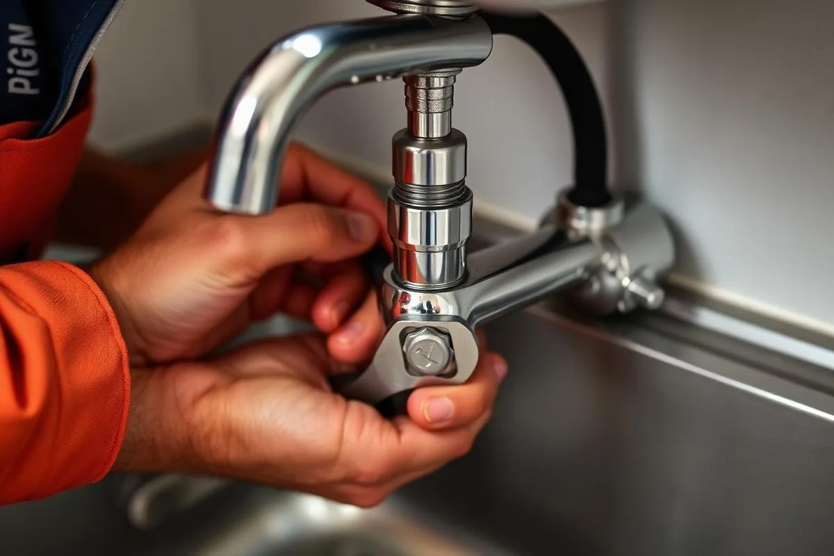 Plumber tightening a new chrome kitchen faucet with a wrench