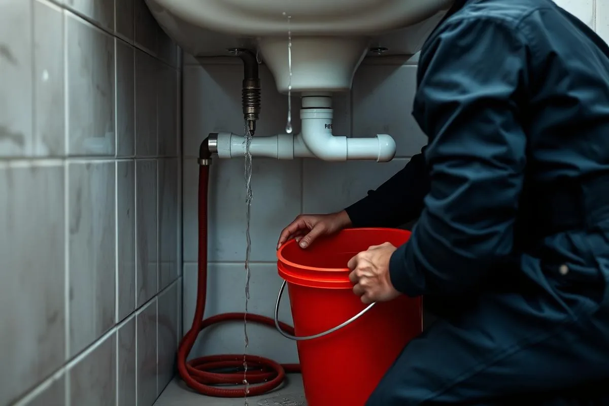 Technician repairing a leaking drain pipe under a bathroom sink
