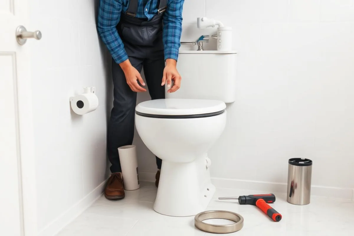 Plumber setting a new toilet in a clean bathroom