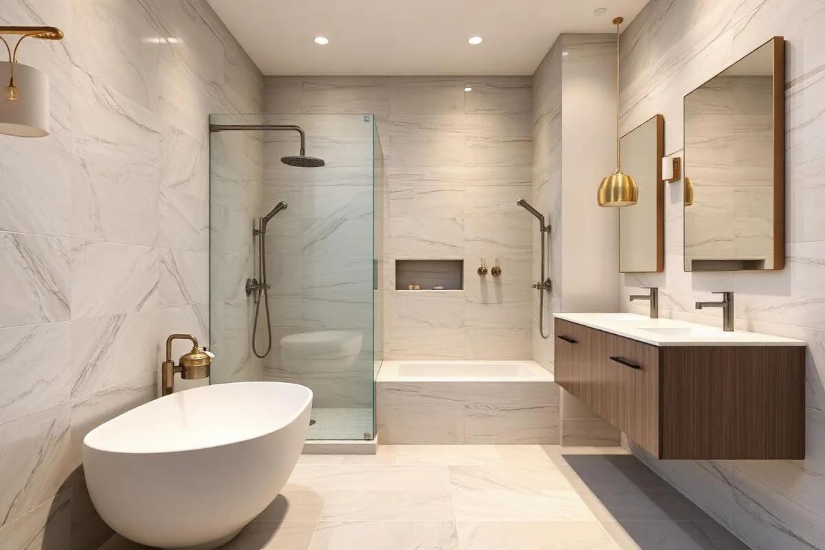 Remodeled bathroom with tiled walk-in shower and floating vanity
