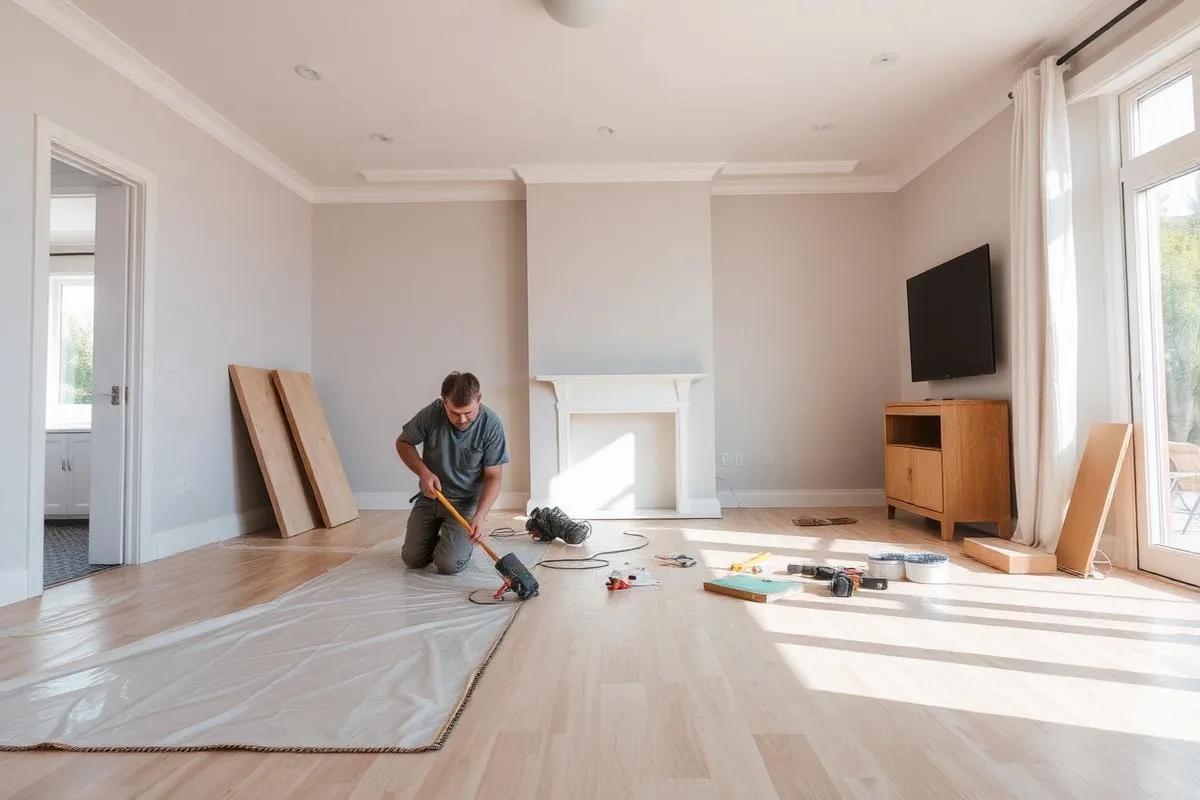Contractor installing new hardwood flooring during a living room renovation