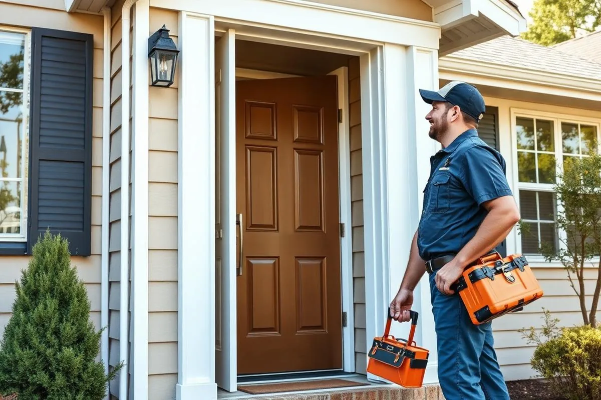 Uniformed handyman with a toolbox arriving at a homeowner's front door