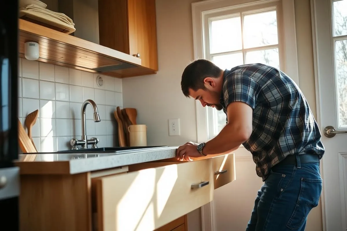 Handyman repairing a kitchen drawer inside a family home