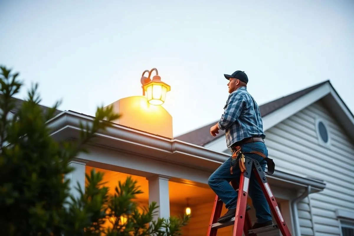 Handyman on a ladder replacing an exterior porch light fixture